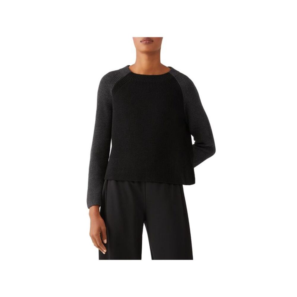 EILEEN FISHER Womens Black Knit Color Block Long Sleeve Crew Neck Sweater XL